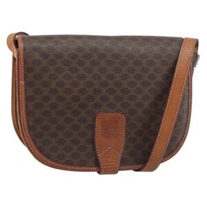 Authentic CELINE Macadam Canvas Shoulder Bag PVC Leather Brown Gold